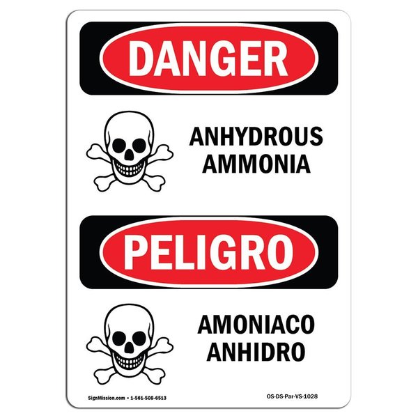 Signmission Safety Sign, OSHA Danger, 24" Height, Rigid Plastic, Anhydrous Ammonia Bilingual Spanish OS-DS-P-1824-VS-1028